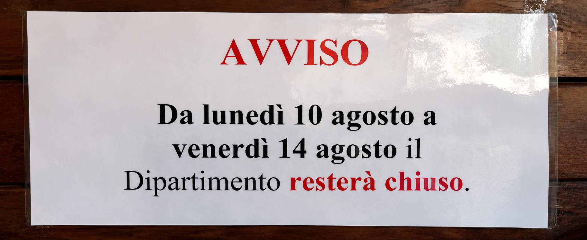 Chiusura del Dipartimento per la settimana di ferragosto
